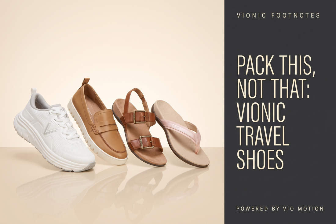 Four Vionic travel shoes floating above a cream studio floor